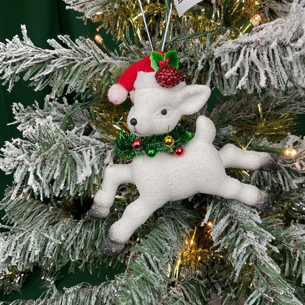 Sullivans Flocked Leaping White Deer Christmas Tree Ornament